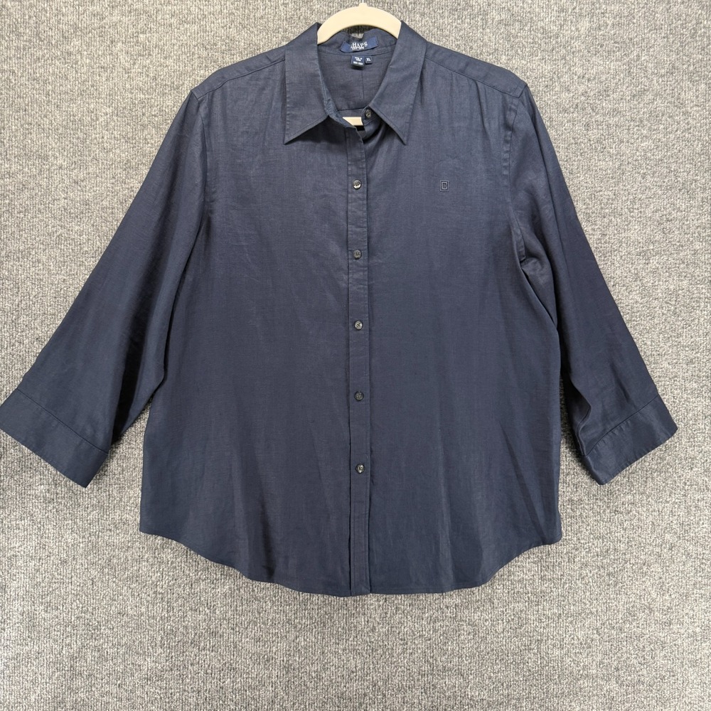 Chaps Linen Top Womens XL Navy Blue Button Up 3/4 Sleeve Casual Beachy Office